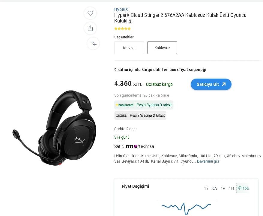 HyperX Cloud Stinger 2 676A2AA Kablosuz Kulak Üstü Oyuncu Kulaklığı