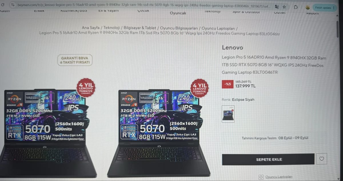 Legion Pro 5 16adr10 8940HX rtx5070 sıfır gibi